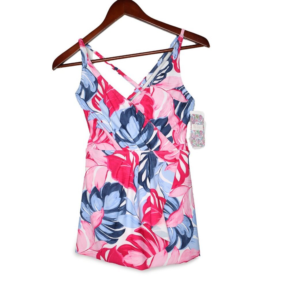 Stella Parker Swim Dress One Piece Swimsuit Floral Wrap Pink Blue Modest Sz S - Picture 2 of 14